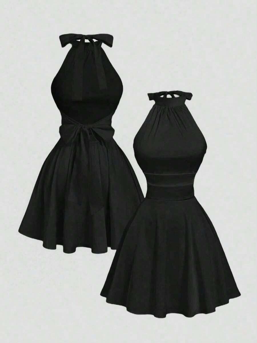 MOD Vestido mini con espalda descubierta, lazo y estampado floral abstracto fluido - Negro - Ver 1