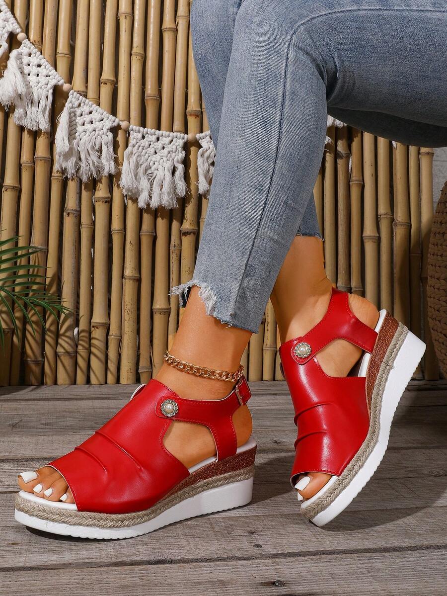 Women's Fashion Peep-Toe Wedge Buckle Strap Outdoor Beach Strap Roman Sandals For Summer,Holiday Essential - Red - View 1