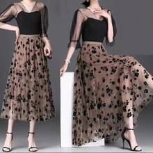 Falda de tul coreana para mujer, falda Midi holgada Floral con gancho a la moda para verano, faldas de malla informales elegantes que combinan con todo, novedad - Negro - Ver 2