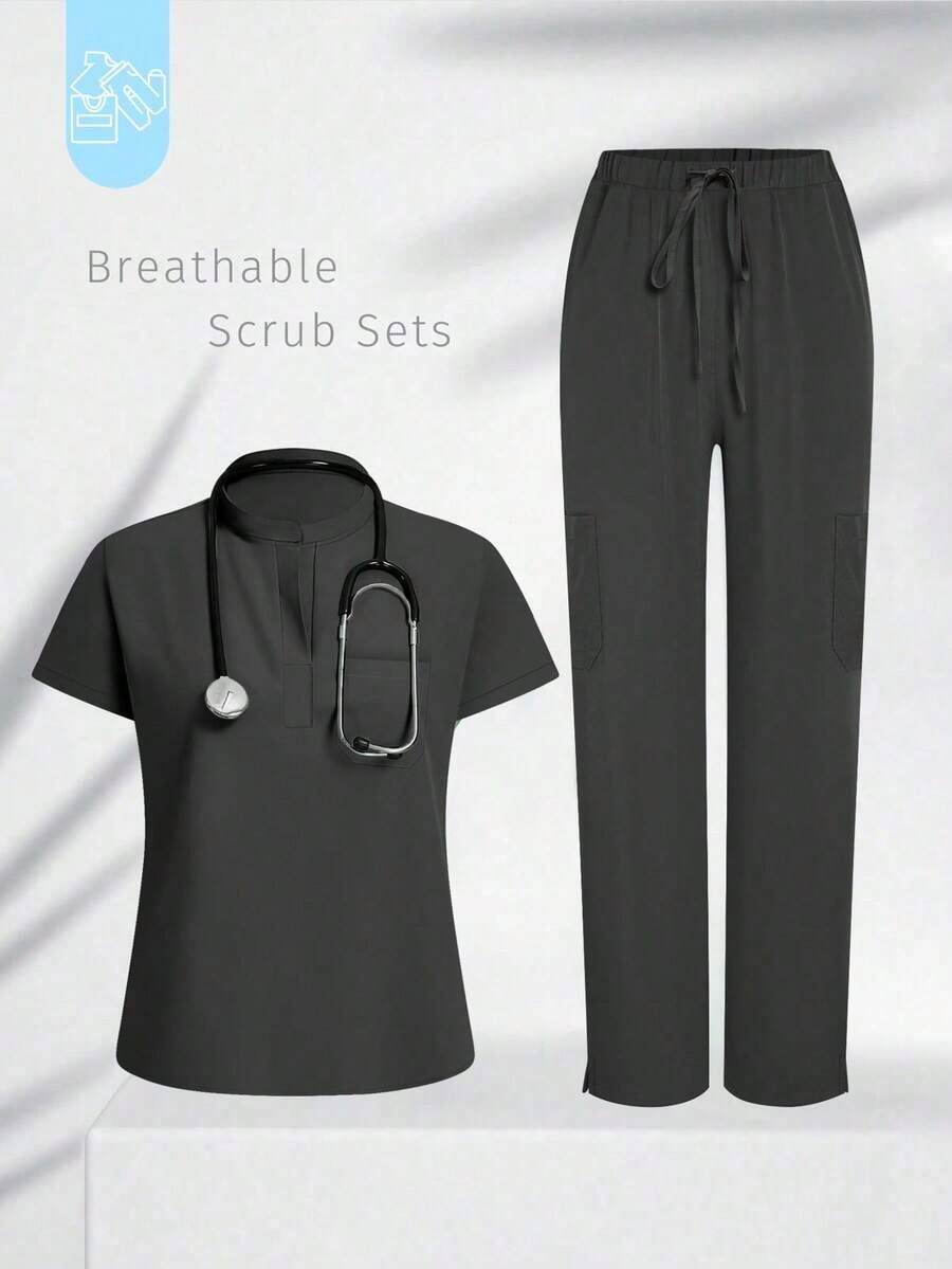 Conjunto de uniforme azul marino para mujer, hecho de tela de alta calidad y transpirable, adecuado para deportes, enfermería y trabajo, con bolsillos, perneras acampanadas, conjunto de uniforme de moda, adecuado para clínicas dentales, conjunto de unifor - Gris - Ver 1