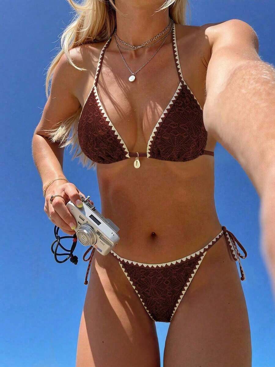 Conjunto de bikini de 2 piezas para mujer de verano con tela jacquard de unicolor, volantes en el borde y tirantes ajustables - Rojo 2 - Ver 1
