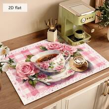 1 tấm lót chén đĩa kẻ caro, tấm lót máy pha cà phê, khăn trải bàn kẻ ô hồng với giá để ráo tách trà hình hoa hồng, thấm hút cao, thích hợp cho bàn ăn và quán cà phê, tạo thêm không gian lãng mạn cổ điển, tấm lót thoát nước đa năng, quà tặng gia đình, trang trí bàn ăn. - XYLSD-371 - Xem 4