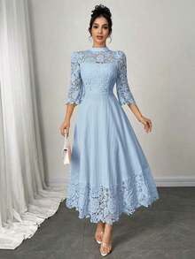 Vestido largo de manga larga con parches de bordado de ojal amarillo para mujeres - Celeste - Ver 8