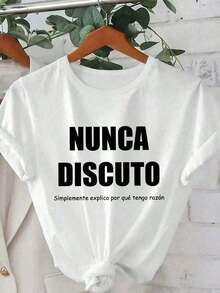 Camiseta casual de manga corta con cuello redondo y estampado gráfico con lema español "NUNCA DISCUTO" "Simplemente Explico Por Qué Tengo Razón" para mujer de talla grande, adecuada para primavera, verano, otoño y salidas de Halloween, color blanco,Made in Mexico - Blanco - Ver 2