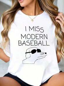 Funny Vintage Baseball T-Shirt From I Miss Modern Baseball, Short-Sleeved White Crew Neck T-Shirt, Fashionable Tops For Everyday Wear, Suitable For Daily Vacations, Graphic Tees - 黑色 - 查看 1