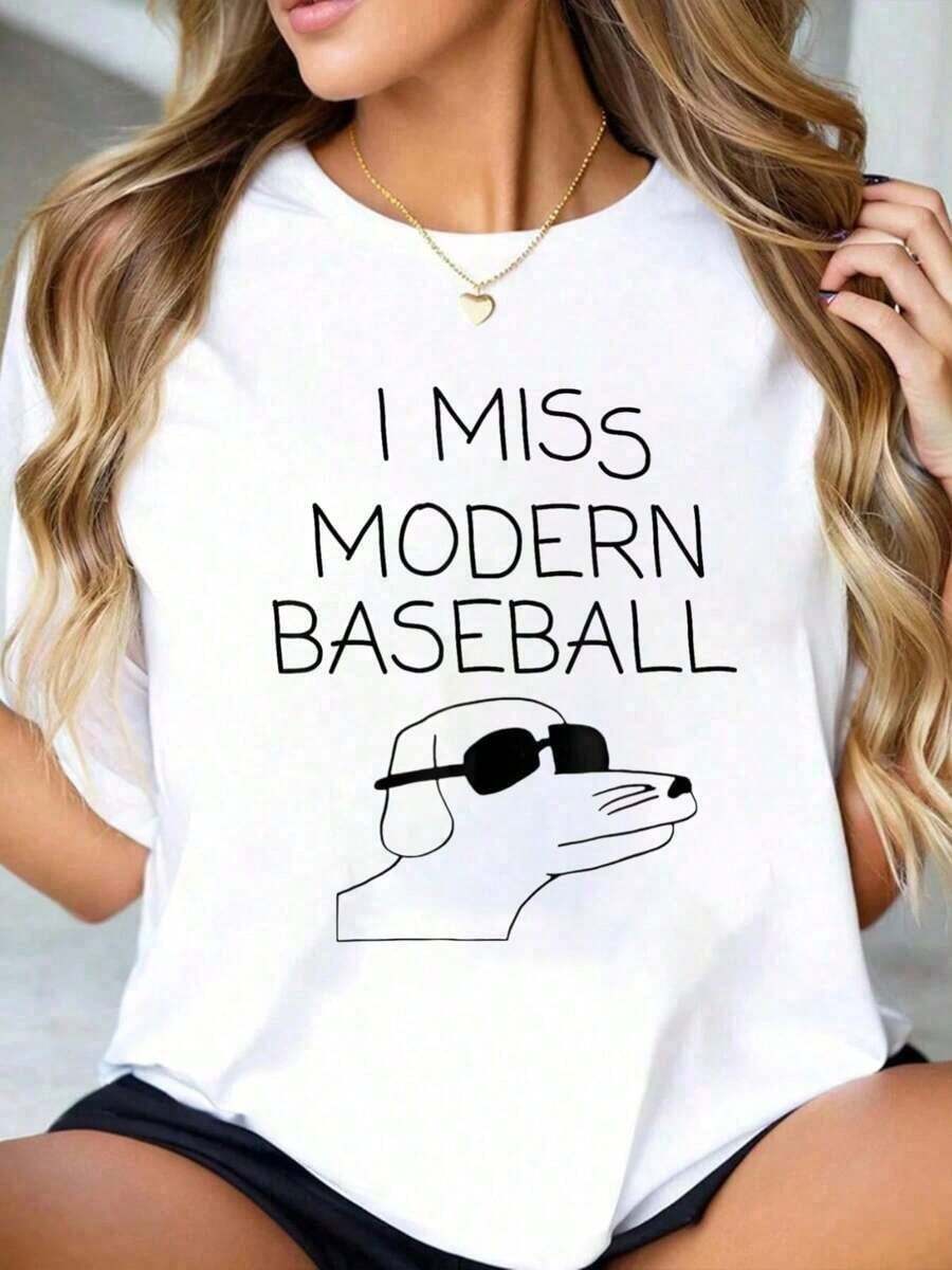 Funny Vintage Baseball T-Shirt From I Miss Modern Baseball, Short-Sleeved White Crew Neck T-Shirt, Fashionable Tops For Everyday Wear, Suitable For Daily Vacations, Graphic Tees - 黑色 - 查看 1