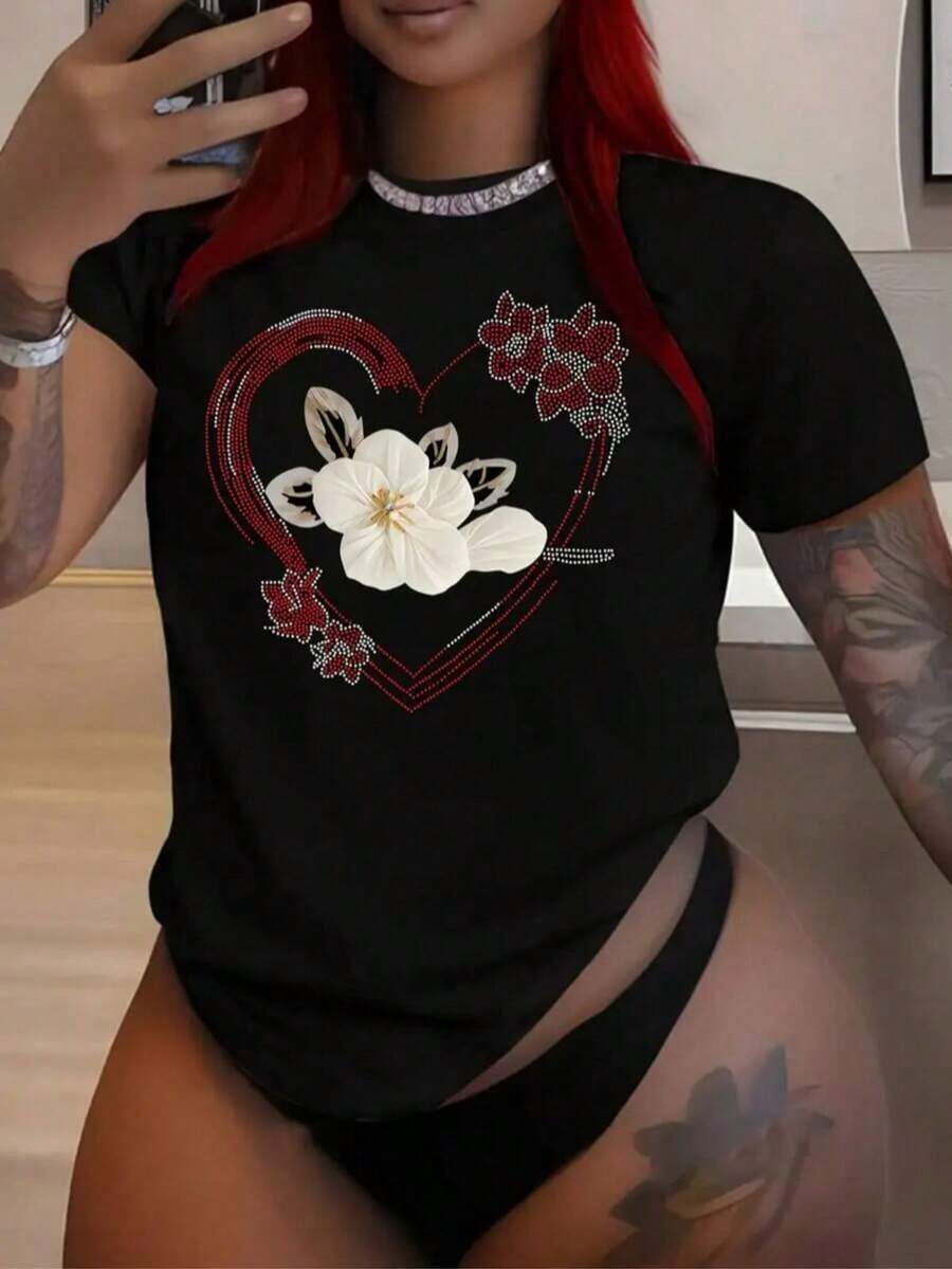Camiseta de cuello redondo con Estampado floral en forma de corazón para flores de verano 1 Mariposa Estampado de Insectos Casual Dulce Sexy Fiesta Elegante Ninguno Apliques Playa Noche de fiesta Vacaciones Deportivo Oficina Casa otoño Gráfico de corazón - Fondo negro con rojo - Ver 1