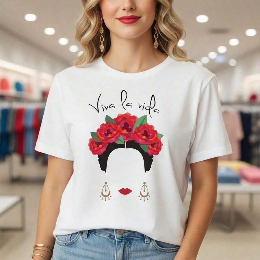 Women's Cotton T-Shirt With "Viva La Vida" Graphic, Short Sleeve, Round Neck, Casual, Floral Print, Soft And Comfortable, Basic, Available In Sizes S-5XL, Black - 白色的 - 查看 1
