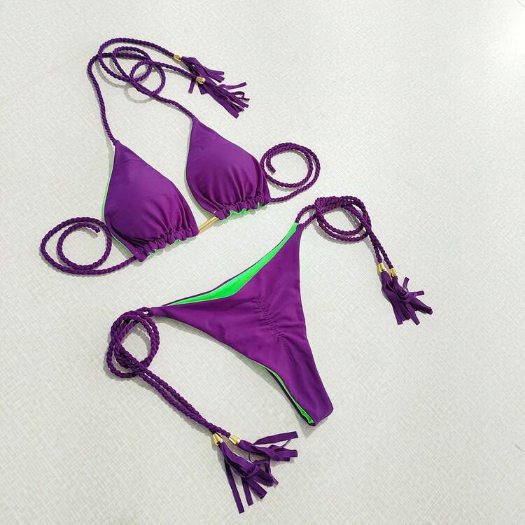 Sexy Two-Piece Swimsuit For Women, Sexy Double-Sided Color Block Triangle Bikini, Three-Piece Beach Swimsuit. - màu đen - Xem 4