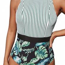 Nuevo traje de baño de una pieza con estampado de rayas y diseño de hojas en forma de triángulo para mujer. - rayas verdes + flores verdes - Ver 3
