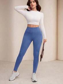 Leggings de cintura alta de unicolor cómodos y casuales para mujer - Azul - Ver 7
