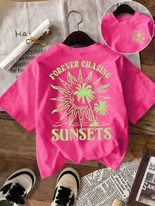 Women's T-Shirt, Short-Sleeve Graphic Tee, Casual Street Style, Cute Summer Top, Sunset Graphic Tee, Men's Graphic Tee, Summer T-Shirt, Sun Hoodie, Summer Sweatshirt, Summer Outfits For Women, Sweatshirts For Summer - 紫紅色 - 查看 4