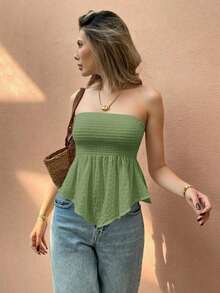 Frenchy Top asimétrico sin tirantes de tejido texturizado de color liso, adecuado para vacaciones de verano - Verde - Ver 7