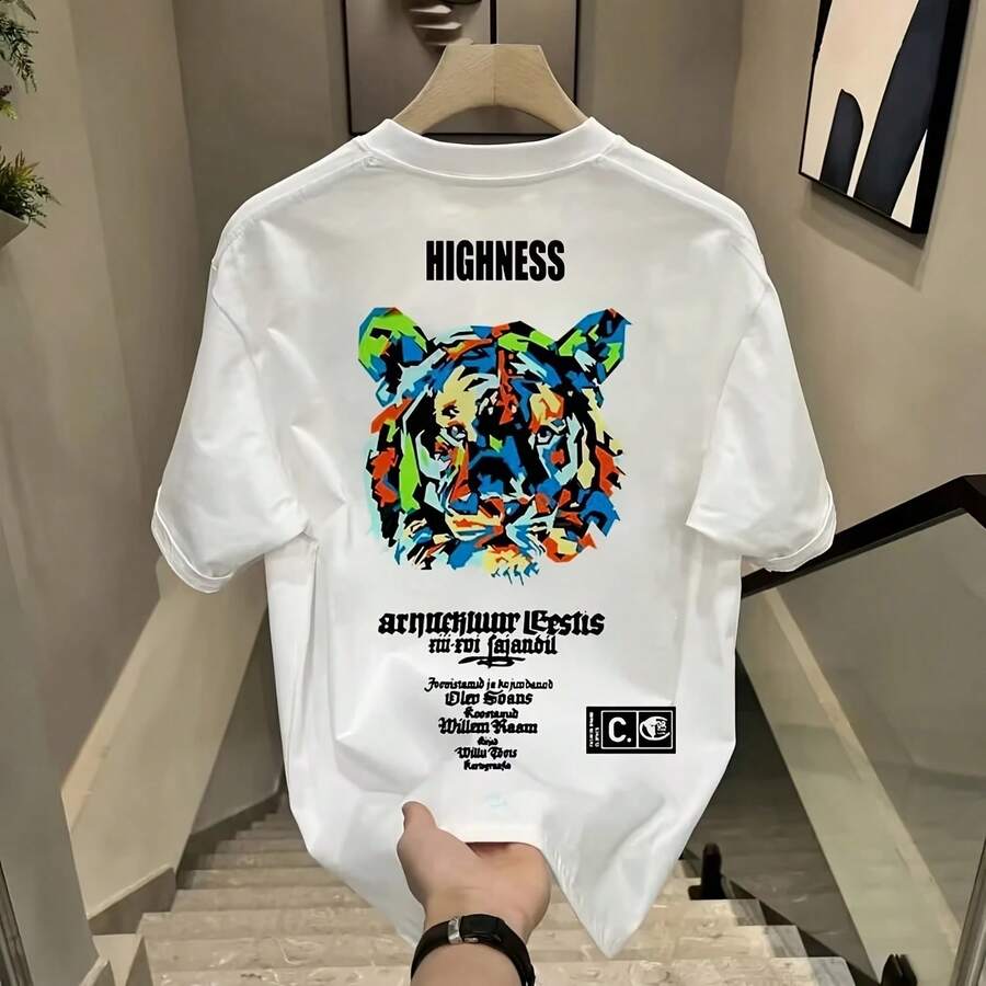 Camiseta con estampado de cabeza de tigre colorida, camiseta moderna de verano para hombre, camiseta informal retro americana con cuello redondo y manga corta - forma - Ver 1