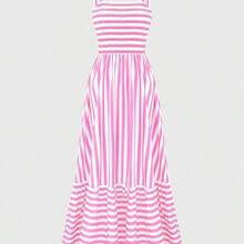 Women's Shoulder Strap Chest Gathered Striped Dress Maxi Vacation Beach Outfit - Caqui - Ver 3