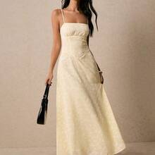 Women's Summer Jacquard Design Waisted Elegant Slip Midi Dress - Amarillo claro - Ver 8