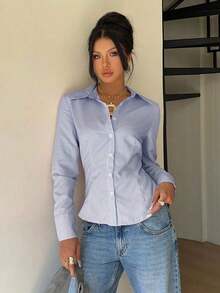 Camisa de manga larga de ajuste ceñido con cintura anudada a rayas rosa, blusa a rayas amarilla para mujer, nueva colección de otoño - Azul marino - Ver 5