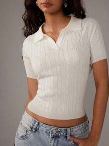 Blusa de punto de manga corta con cuello polo de unicolor simple para uso diario y casual de verano de las mujeres - Blanco - Ver 7