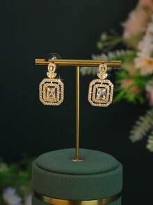 5pcs 18K Gold-Plated Elegant & Exquisite Series, Square Pendant Design Bridal Wedding Jewelry Set, Handset White Cubic Zirconia, Including Necklace, Bracelet, Earrings, Ring, Suitable For Daily Wear, Wedding, Gift For Friends - Square Design - White Diamond - View 7