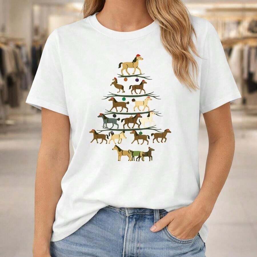 Camiseta de algodón con estampado de árbol de Navidad y caballo para mujer de talla grande, top casual de manga corta con cuello redondo para las fiestas, camiseta holgada con diseño festivo para fiestas navideñas, cómoda camiseta navideña de talla grande adecuada para primavera, verano y otoño. - Blanco - Ver 1