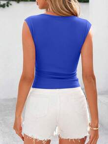 Women Summer Cap Sleeve Y2K Tank Boat Neck Ribbed Knit Ruched Slim Fit Basic Tee Workout Going Out Street Shirts Tops - 寶藍色 - 查看 2