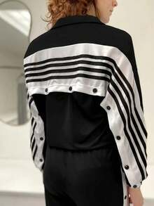 Women's Fashion Black & White Long Sleeve Shirt Jacket, Stand Collar Design, Button Detail - Black - View 2