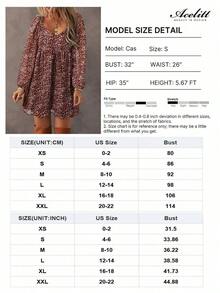 Acelitt Vestido de manga farol con frente fruncido y parches con estampado floral diminuto, elegante para vacaciones de primavera - Rojo - Ver 4