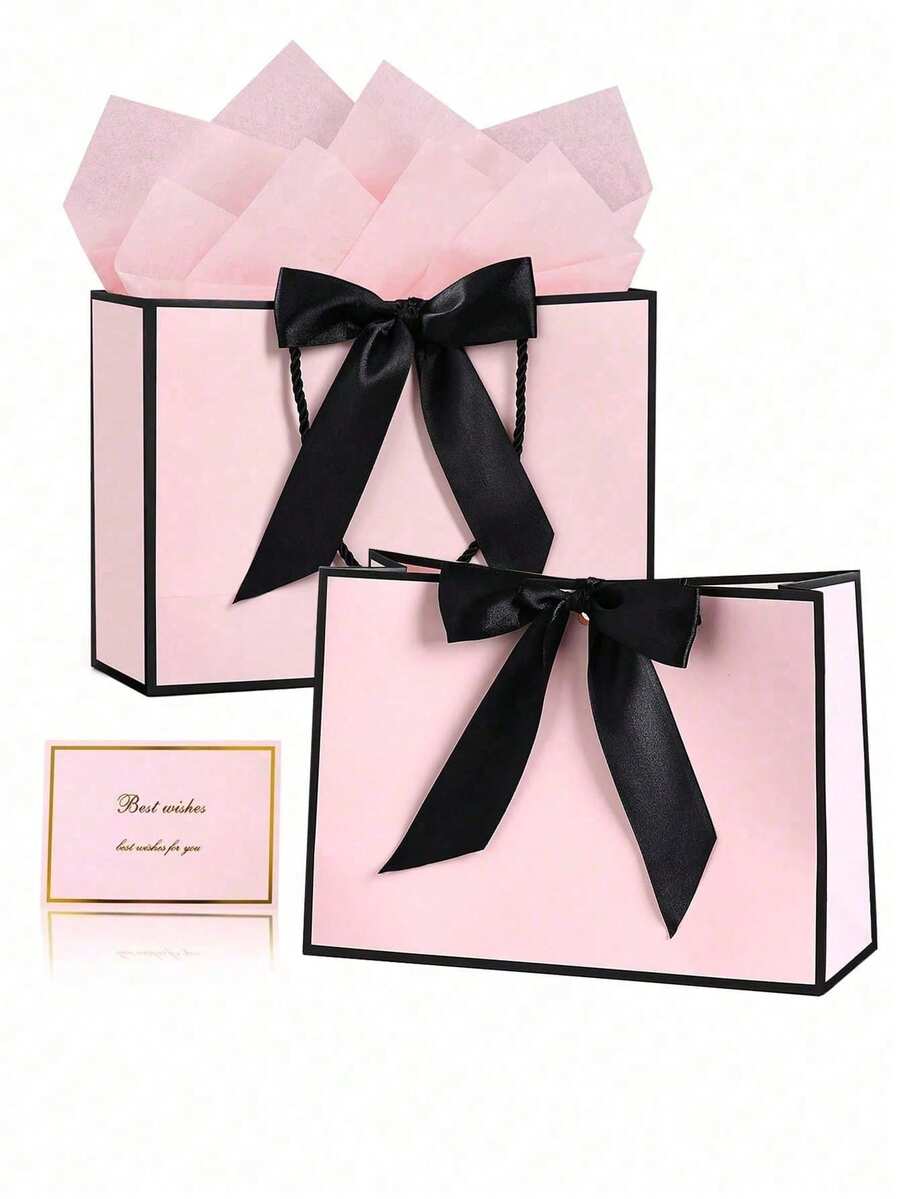 Set de 4 bolsas de regalo, que incluye 1 bolsa de regalo, 1 papel de seda, 1 tarjeta con cinta, 1 bolsa de compras, 1 bolso de mano, decorados con lazos, adecuados para niñas, bodas, fiestas, Navidad, Acción de Gracias, Año Nuevo, bodas, cumpleaños y otras ocasiones, bolsas de regalo de alta gama, regalos para el Día de San Valentín, damas de honor, reuniones con novias, Día de San Valentín y otras ocasiones - Multicolor - Ver 1