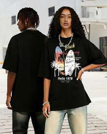 Camisetas Gráficas para Hombre, Manga Corta, Estampado de Surf, Cuello Redondo, Algodón, Casual, Camisetas WAVERIDER para Hombre FTIN - Negro - Ver 7