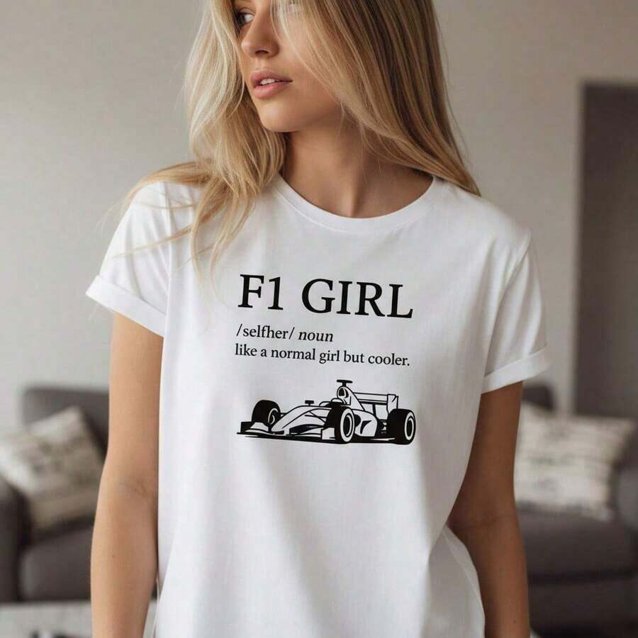 Women's F1 Graphic Print Cotton T-Shirt, Short Sleeve, Round Neck, Racing Car Print, Casual Top, Sizes S-5XL, Breathable Pure Cotton T-Shirt For Motorsport Fans, Fashionable And Stylish T-Shirt, Regular Fit, Suitable For Spring, Summer And Autumn. - 白色 - 查看 1