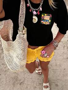 Camiseta de manga corta con cuello redondo y estampado frontal y trasero, Primavera/Verano 2026, nueva, informal, con estampado de letras y motivos de vacaciones, top divertido de corte regular para mujer. | La tela transpirable es la elección diaria para cualquier ocasión. - Negro - Ver 2
