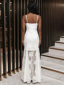 Women's Elegant White Shiny Lace Fitted Spaghetti Strap Maxi Dress, Suitable For Dates, Parties, Birthday Parties, Cocktail Parties, Formal Dinners - White - View 6