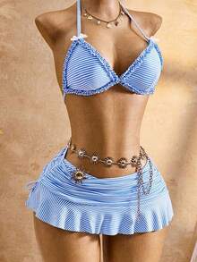 Conjunto de traje de baño de 3 piezas para mujer con parte superior de bikini con escote en V, tirantes y volantes, Bottom triangular y falda, para el verano - Azul y blanco - Ver 6