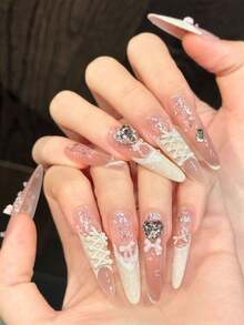 10片裝手工尖頭穿戴甲，甜美女孩風蕾絲蝴蝶結，粉黃對比色小豬 Y2K 設計，適合女孩與女性，適用節日派對與音樂節，情人節禮物 - 粉色 - 查看 3