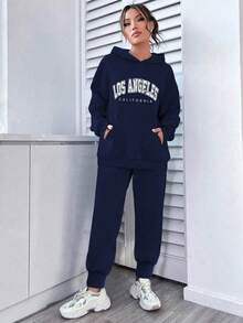 Teen Girl Letter Pattern Warm Hoodie And Sweatpants Casual Set - Royal Blue - View 3