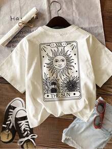 [Estampado a doble cara]Camiseta casual de verano para mujer, estilo pintado a mano, estampado de sol, girasol, XIX THE SUN, cuello redondo, camiseta de manga corta de algodón puro - Estilo vintage urbano, unisex, holgada, de algodón, con cuello redondo, blusas para mujer. blusas.blusas casuales para dama. - Albaricoque - Ver 2