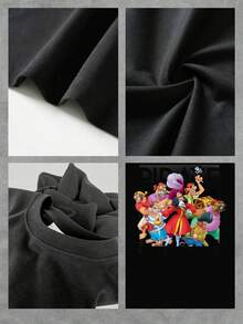 El estampado muestra a un grupo animado de piratas con expresiones divertidas que simbolizan aventura libertad y espíritu rebelde mezclando colores vivos y tesoros dorados para transmitir energía positiva camiseta de mujer  cómoda y perfecta para un look casual - Negro - Ver 4