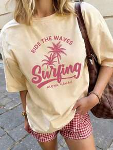 Camiseta de manga corta estampada para mujer, para verano, de tela de algodón, estilo multifuncional, corte regular, peso 180 gramos, 1 unidad. - Albaricoque - Ver 1