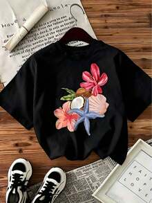 Tallas para Hombres. Camiseta holgada de manga corta para mujer de talla grande, transpirable, con divertido estampado de dibujos animados. Hecha de tela transpirable y con un diseño de cuello redondo, esta versátil camiseta casual es perfecta para usar en primavera y verano. Camiseta de mujer con estampado retro vintage. - Negro - Ver 6