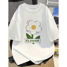 Women's White Floral Print T-Shirt, Casual Loose Top For Everyday Wear, Soft And Fun Breathable Lightweight Short Sleeve T-Shirt - 款式 - 查看 1