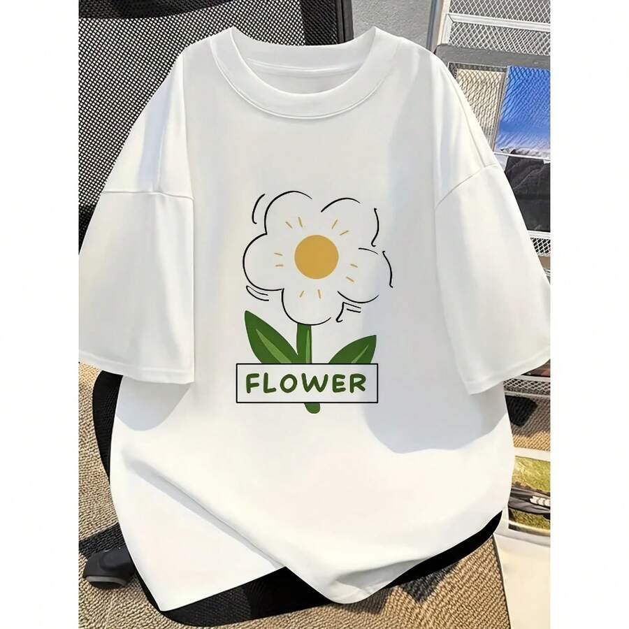 Women's White Floral Print T-Shirt, Casual Loose Top For Everyday Wear, Soft And Fun Breathable Lightweight Short Sleeve T-Shirt - 款式 - 查看 1