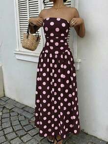 Vestido con estampado de lunares y volantes sin tirantes de moda, adecuado para vacaciones - Multicolor 11 - Ver 6