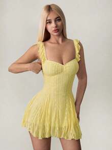 Vestido mini de línea A con parches de encaje, color albaricoque, para verano - Mostaza Amarilla - Ver 4