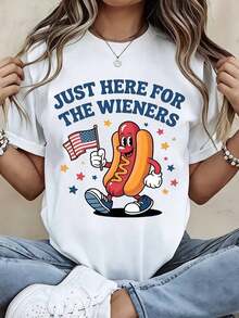 Camiseta moderna y minimalista para mujer, a la moda, con estampado de dibujos animados de perritos calientes y diseño de estrellas de la bandera estadounidense, ideal para celebrar el 4 de julio, el Día de la Independencia, o para uso casual diario en verano. - Blanco - Ver 1