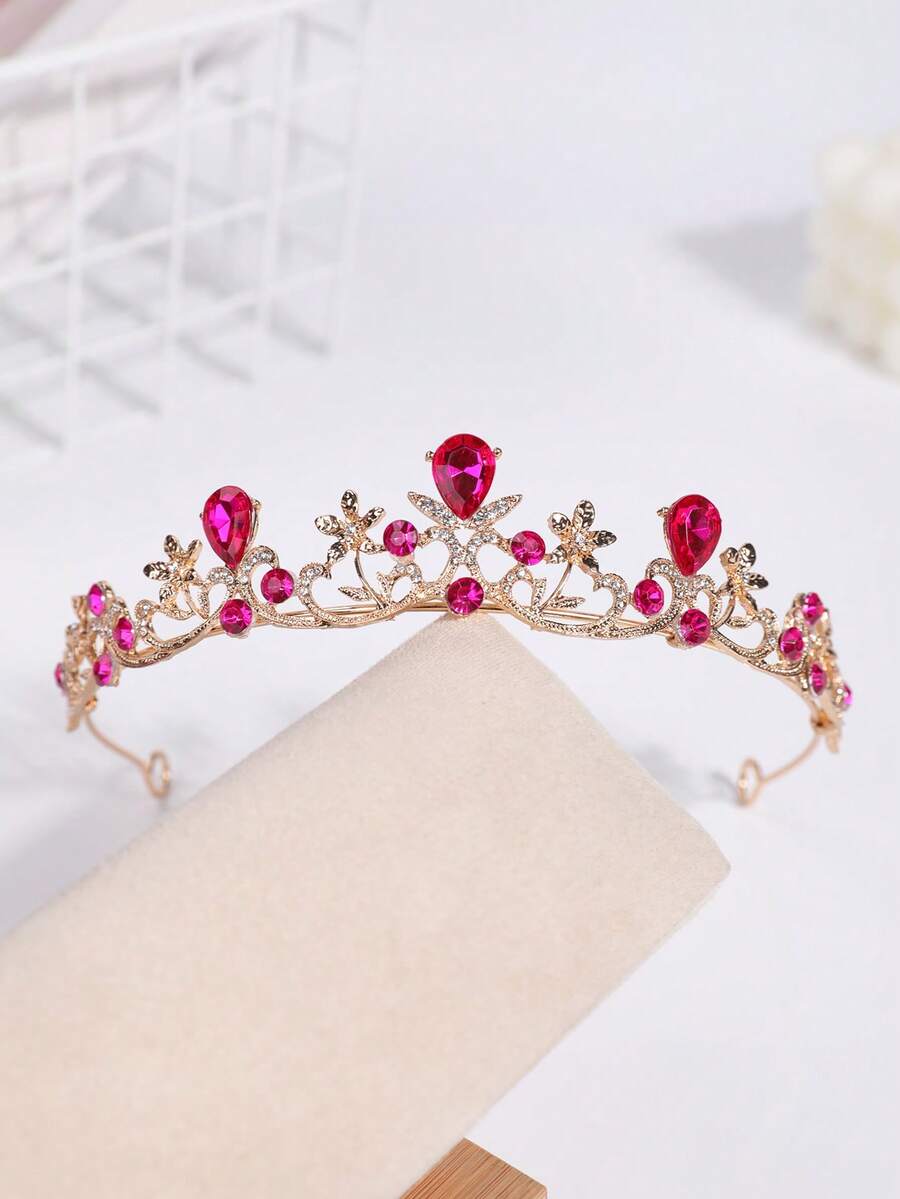 1pc European And American Style Gold Crystal Bridal Crown, Wedding Dress Headpiece - Hot Pink - View 1