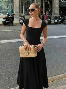 Vestido largo invierno estilo francés liso ajustado con tirantes cremallera y lazos traseros elegante moda para mujer - Negro - Ver 6