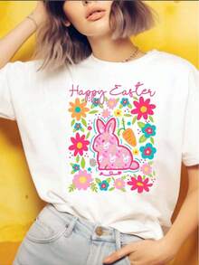 ropa de mujer Camiseta de algodón blanca para mujer - Estampado colorido de conejito de Pascua y flores de primavera camisas de mujer - Blanco - Ver 7