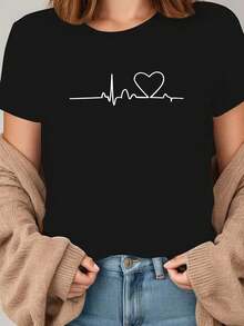 Casual Short-Sleeved Black T-Shirt With Heartbeat And Pulse Print, Fashionable Women's Top For All Seasons, Women's Clothing - 黑色 - 查看 1