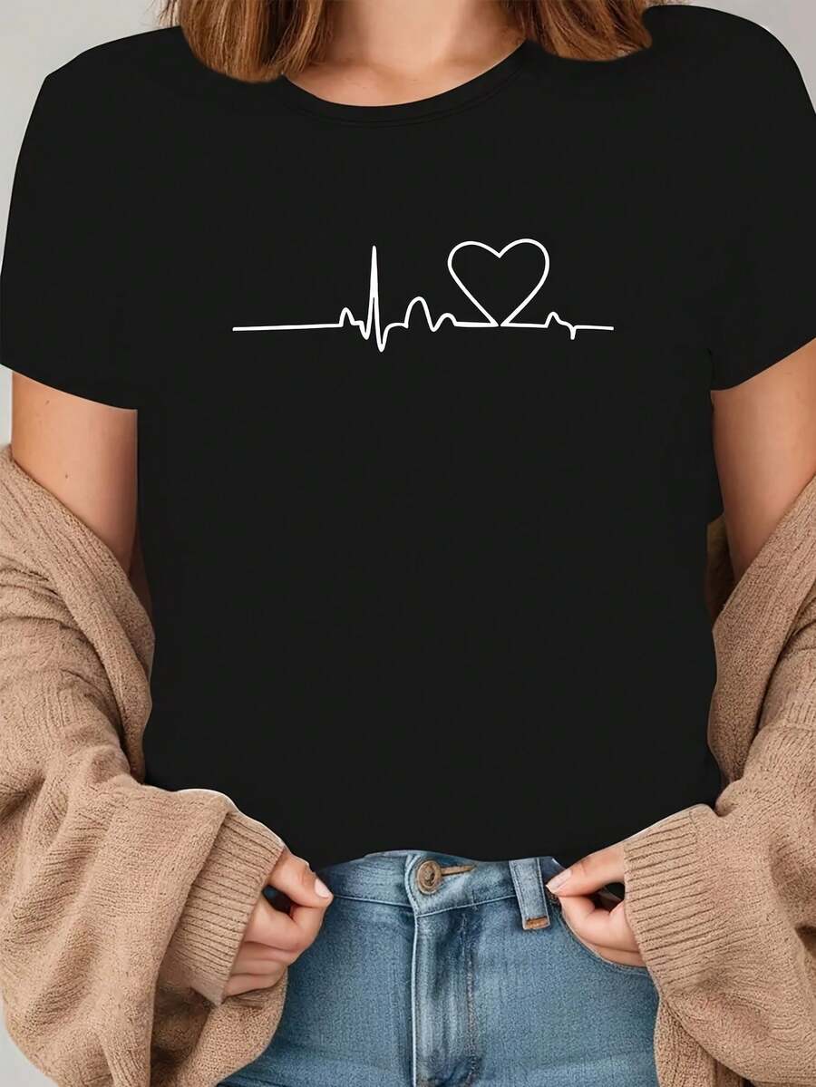 Casual Short-Sleeved Black T-Shirt With Heartbeat And Pulse Print, Fashionable Women's Top For All Seasons, Women's Clothing - 黑色 - 查看 1