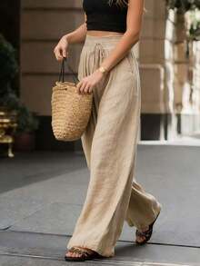 Holidaya Pantalones anchos de cintura alta y sueltos de unicolor para mujer, elegante atuendo de moda adecuado para primavera, verano, otoño e invierno, apropiado para vacaciones, ir al trabajo, uso diario, que muestra una elegancia graciosa, adecuado para fiestas, playa, citas románticas, casual y elegante para ir al trabajo, versátil para uso diario - Albaricoque - Ver 3